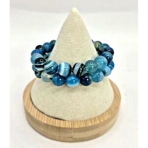 Blue Striped Agate Round Beaded Bracelets x2 Size 6.5 Teals 10.5mm Stretchy NWOT